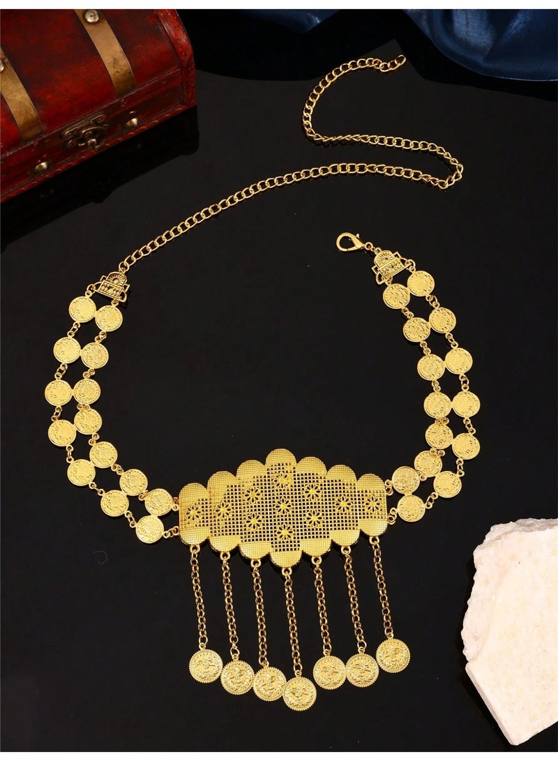 زينه يوم التأسيس حزام خصر نسائي مطلي بلون الذهب قابل للتعديل بتصميم عملات معدنيه مثالي للاحتفال بيوم التأسيس السعودي ويضيف لمسة تراثية فاخرة لإطلالتك. - Image 4